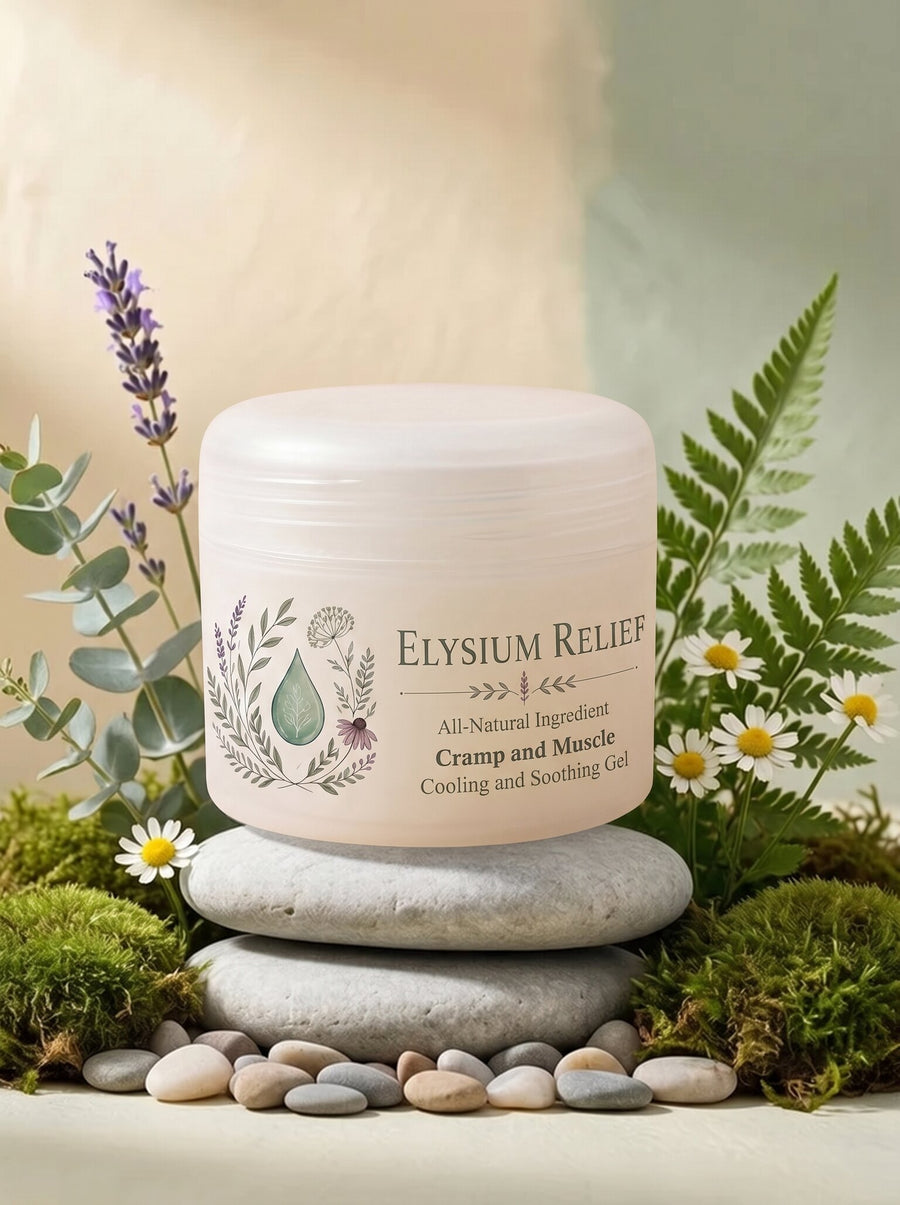 An Elysium Relief tub on stacked stones surrounded by moss, pebbles, lavender, eucalyptus, fern and chamomile, the botanical label facing the camera.