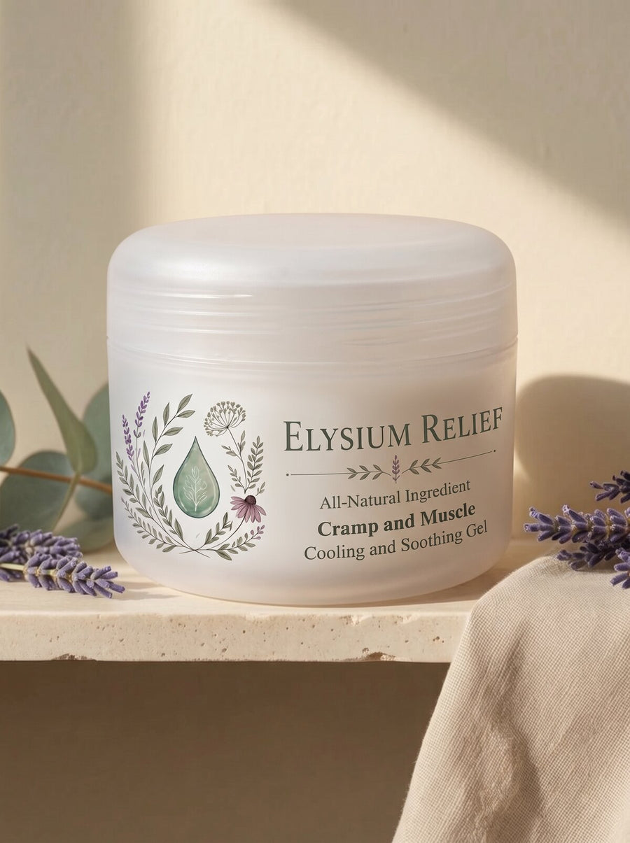 An Elysium Relief tub on a travertine ledge with eucalyptus, lavender and linen, the botanical label facing the camera.