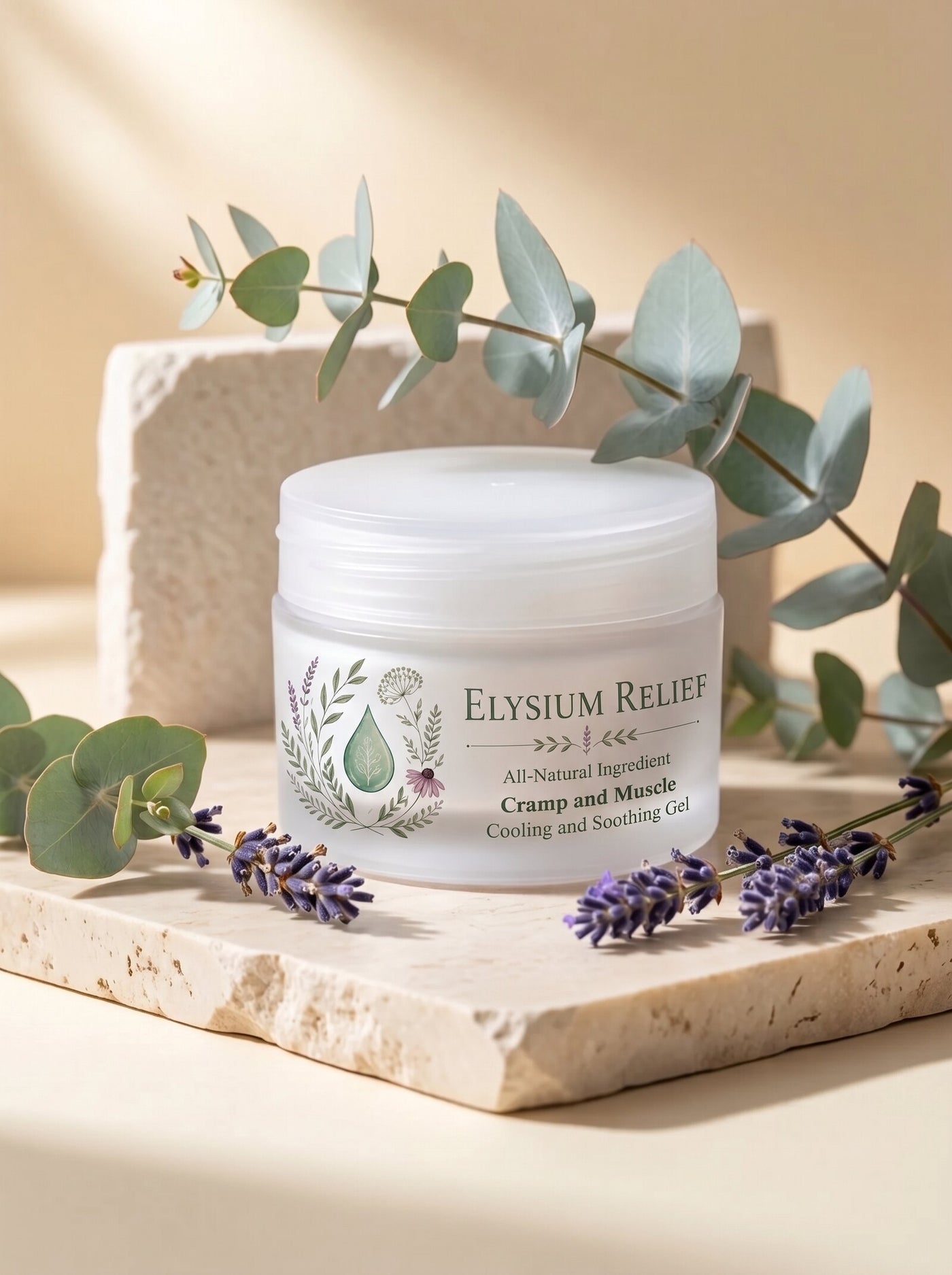 An Elysium Relief tub on a travertine stone slab with eucalyptus and lavender, the botanical label facing the camera.