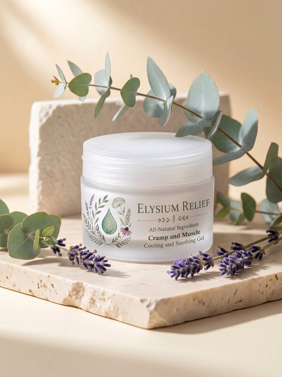 An Elysium Relief tub on a travertine stone slab with eucalyptus and lavender, the botanical label facing the camera.