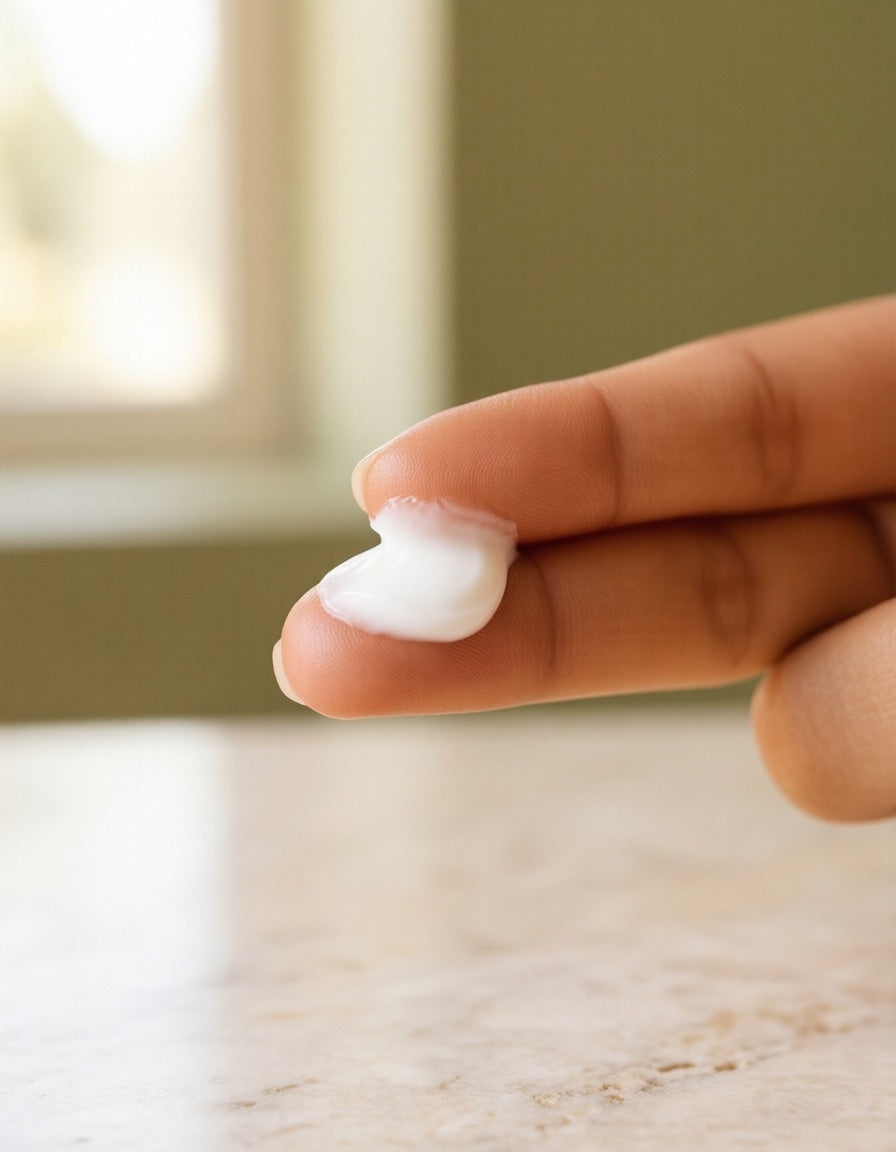 A small pea-sized amount of white cream on two fingertips.