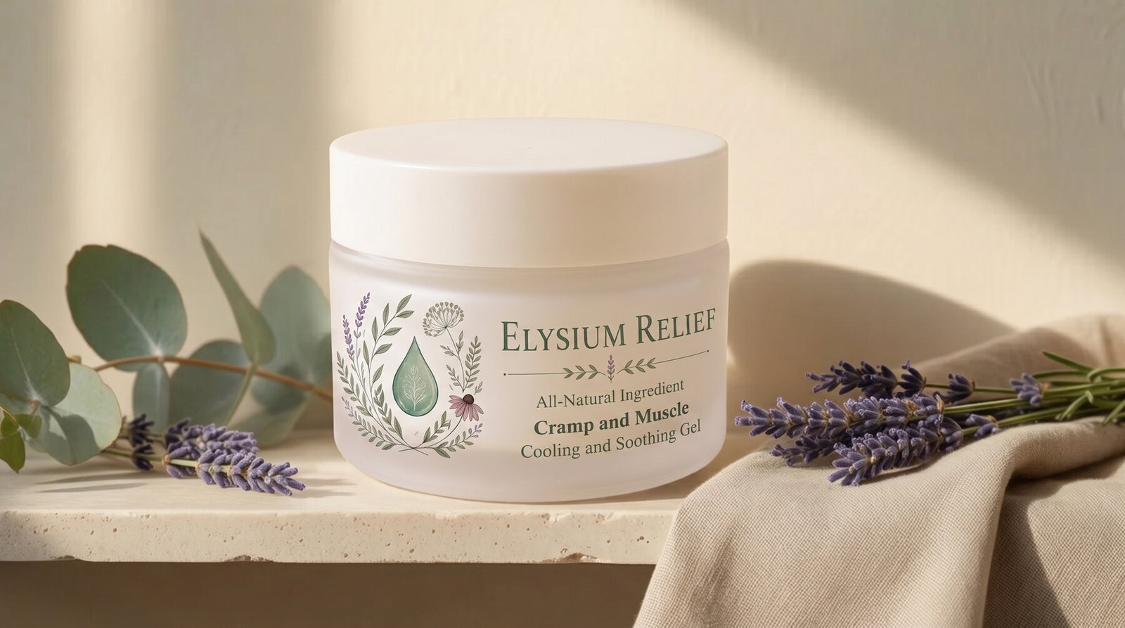 An Elysium Relief tub on a stone shelf with eucalyptus, lavender and folded linen, the botanical label facing the camera.
