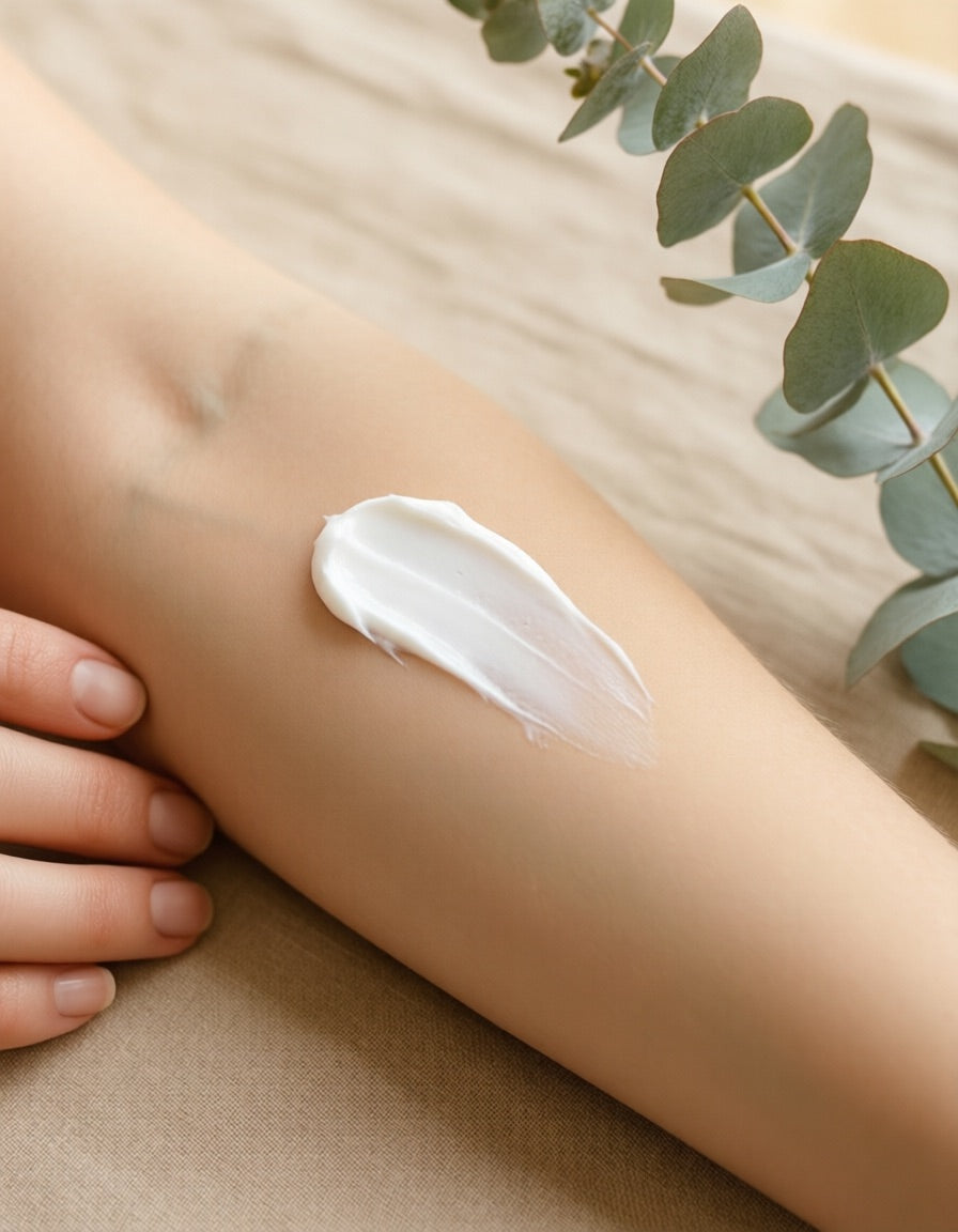 A small dab of white cream on the inner forearm, resting on linen.