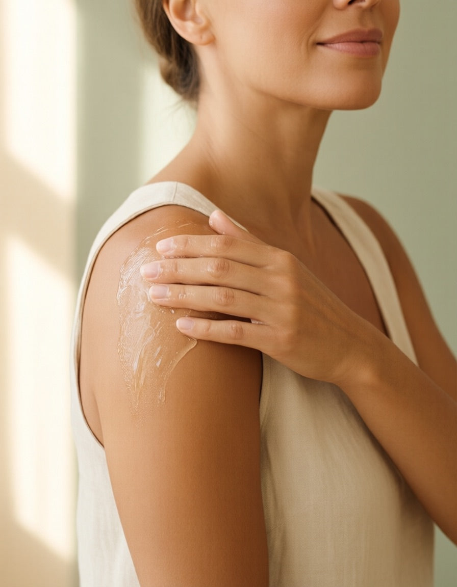 A woman massaging clear gel into her shoulder and the base of her neck.