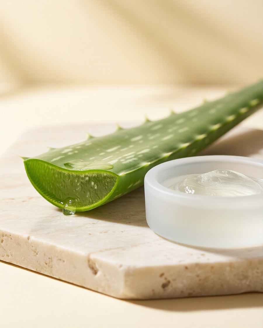 A cut aloe vera leaf beside a dish of clear gel.