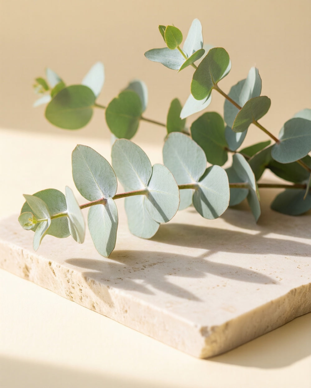 Eucalyptus branches on a travertine stone slab.