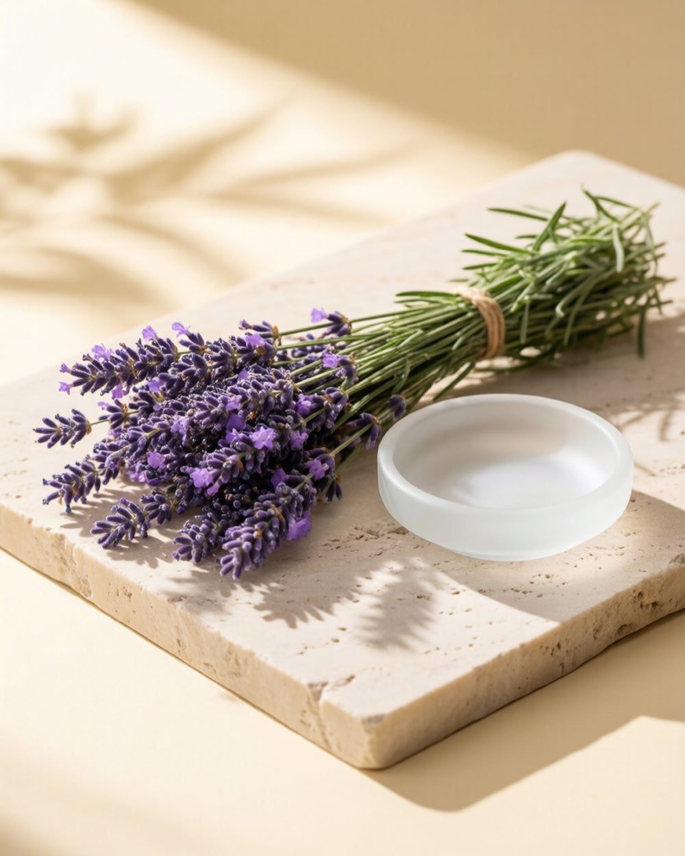 A bundle of fresh lavender stems on a travertine stone slab.