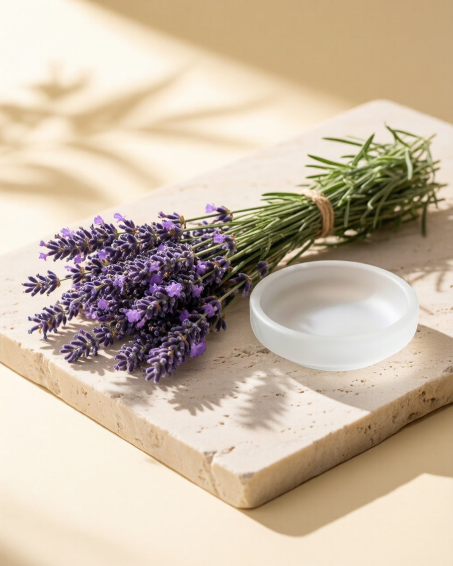 A bundle of fresh lavender stems on a travertine stone slab.