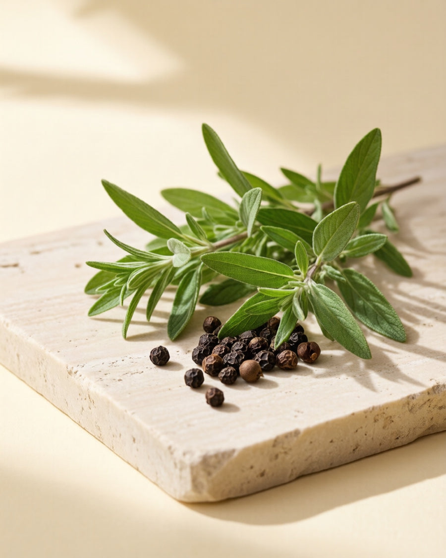 Marjoram sprigs and cracked black peppercorns on a stone slab.