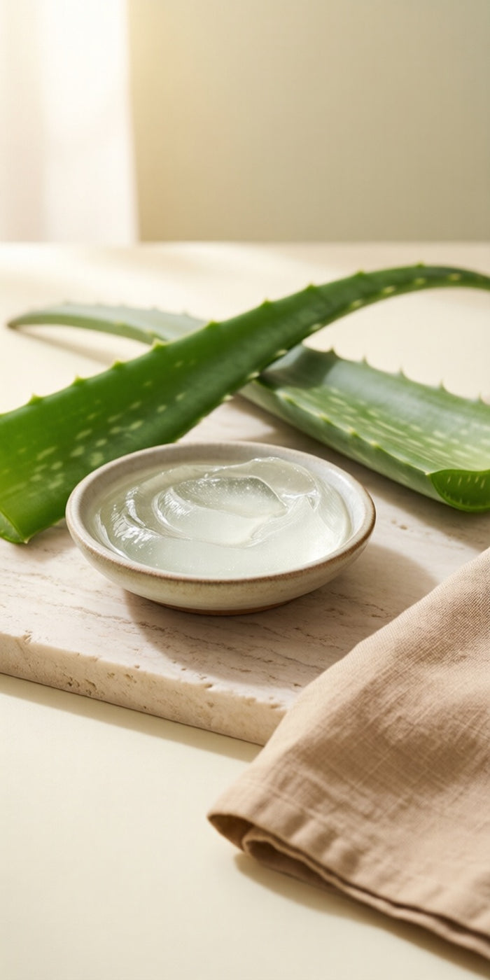 A cut aloe vera leaf beside a ceramic dish of clear gel on a travertine slab.