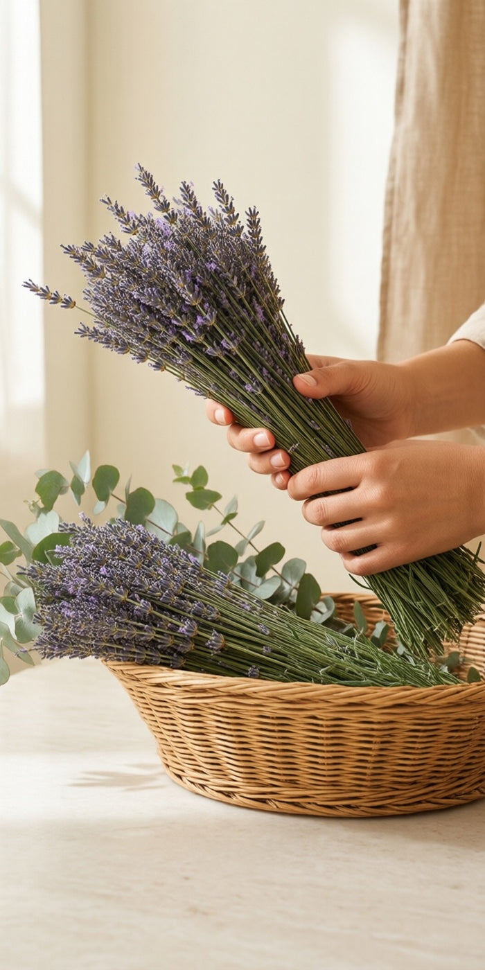 Hands gathering freshly cut lavender and eucalyptus stems into a woven basket.