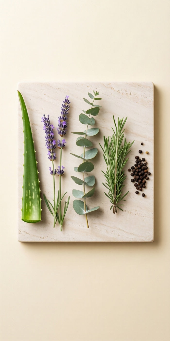 The five ingredients laid out separately on a travertine slab: aloe, lavender, eucalyptus, marjoram and black peppercorns.