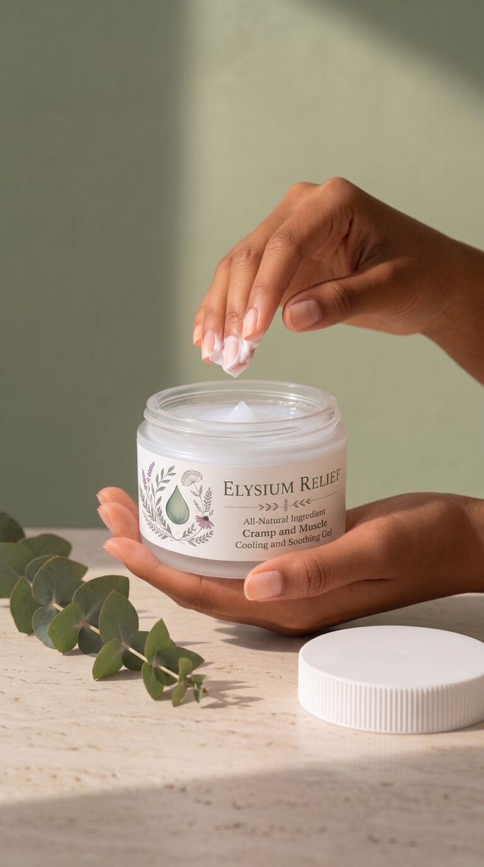 A woman holding an Elysium Relief tub in one hand and scooping a small amount of white cream from it with the other.