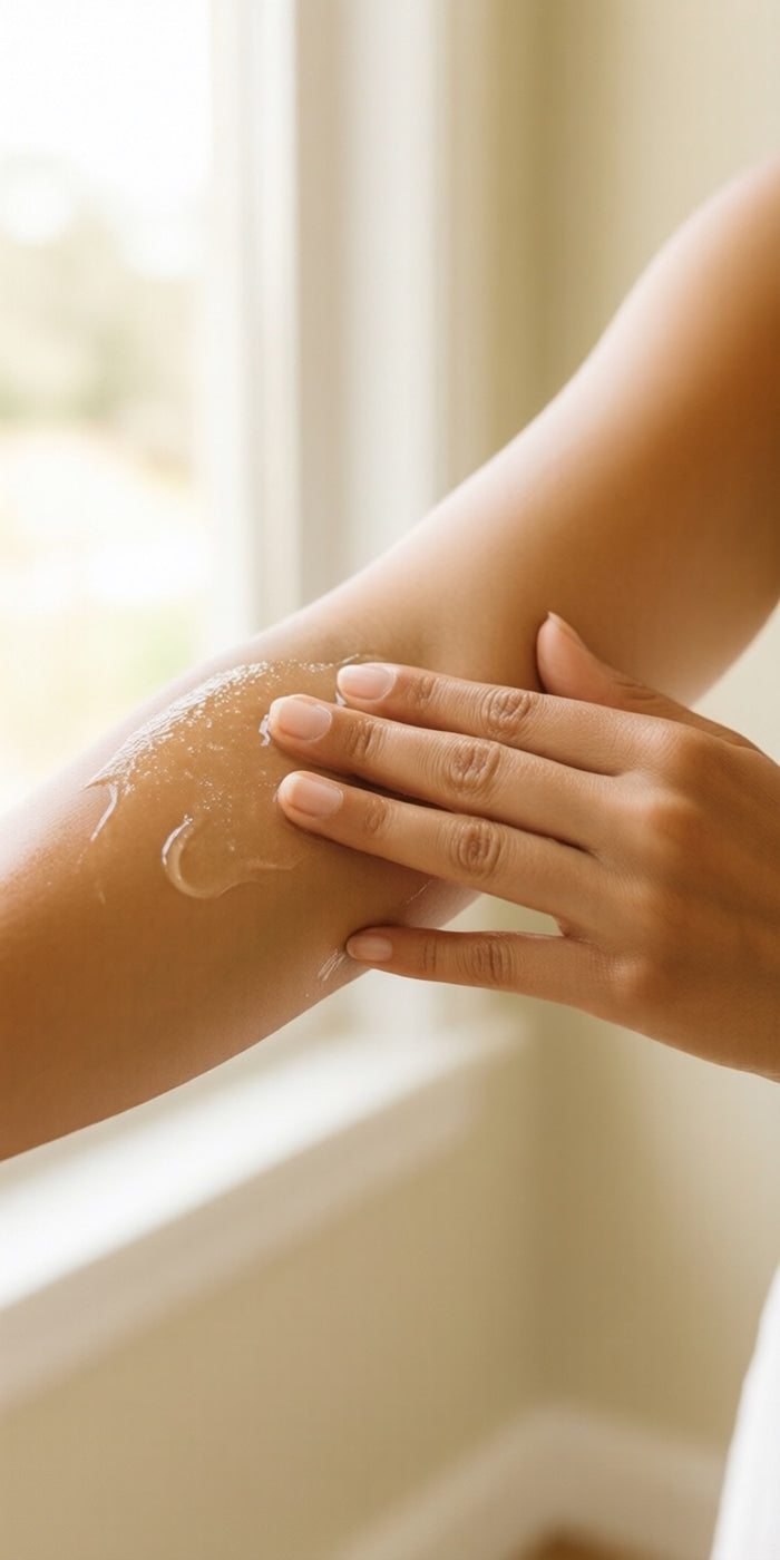 A woman massaging the cooling gel into her forearm.