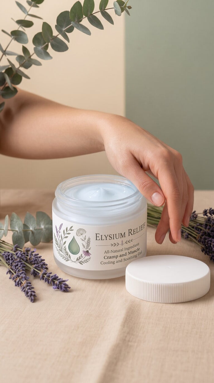 An open Elysium Relief tub of white cream with its ribbed lid beside it, a hand reaching towards it, on linen with lavender and eucalyptus.