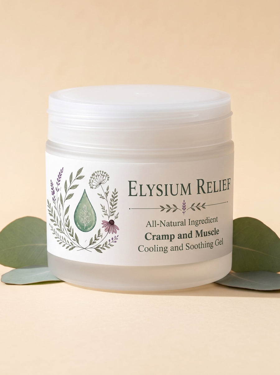 The 150ml Elysium Relief Cramp and Muscle Cooling and Soothing Gel tub on a plain cream background.
