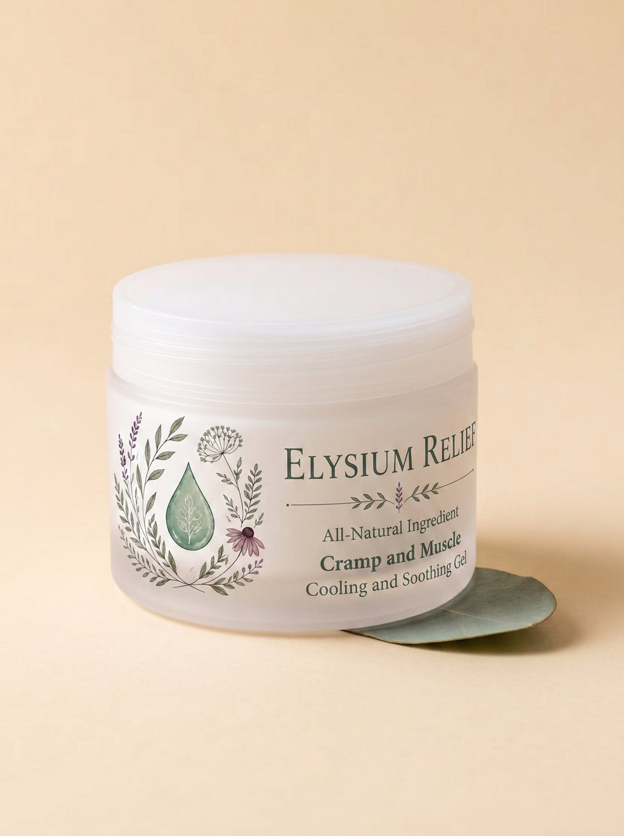 The 50ml Elysium Relief Cramp and Muscle Cooling and Soothing Gel tub on a plain cream background.